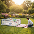 Cute Baby Playpen with Pull Ring Ball Box Game, Lightweight Foldable Play Yard, Safety Barrier Fence for Toddlers, Indoor Outdoor Kids Corner