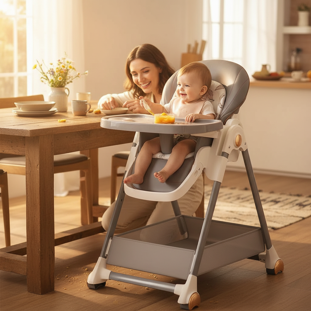 Baby Eating Chair with Wheels, Adjustable Reclining Foldable Highchair, Multifunctional Dining Chair for Toddlers with Easy-Clean Tray