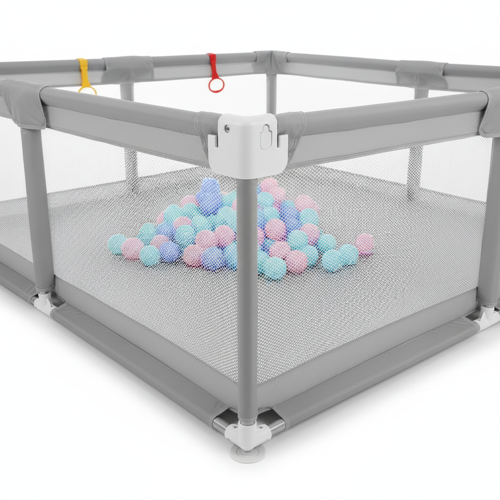 Cute Baby Playpen with Pull Ring Ball Box Game, Lightweight Foldable Play Yard, Safety Barrier Fence for Toddlers, Indoor Outdoor Kids Corner