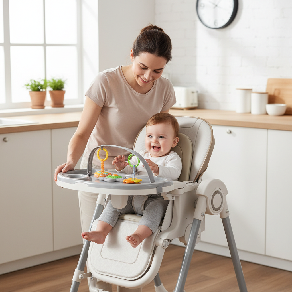 Portable Foldable Baby High Chair with Double-Layer Dinner Plate & Toy Rack, Easy to Clean Feeding Chair with Large Anti-Slip Pad, 6M+