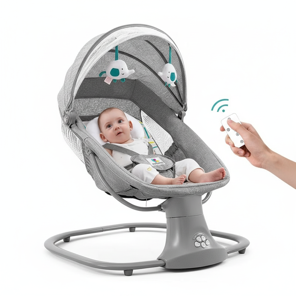 Balançoire de luxe pour bébé avec moustiquaire et ceinture de sécurité à 5 points, chaise à bascule électrique multifonctionnelle, dossier réglable et télécommande pour nouveau-né et tout-petit