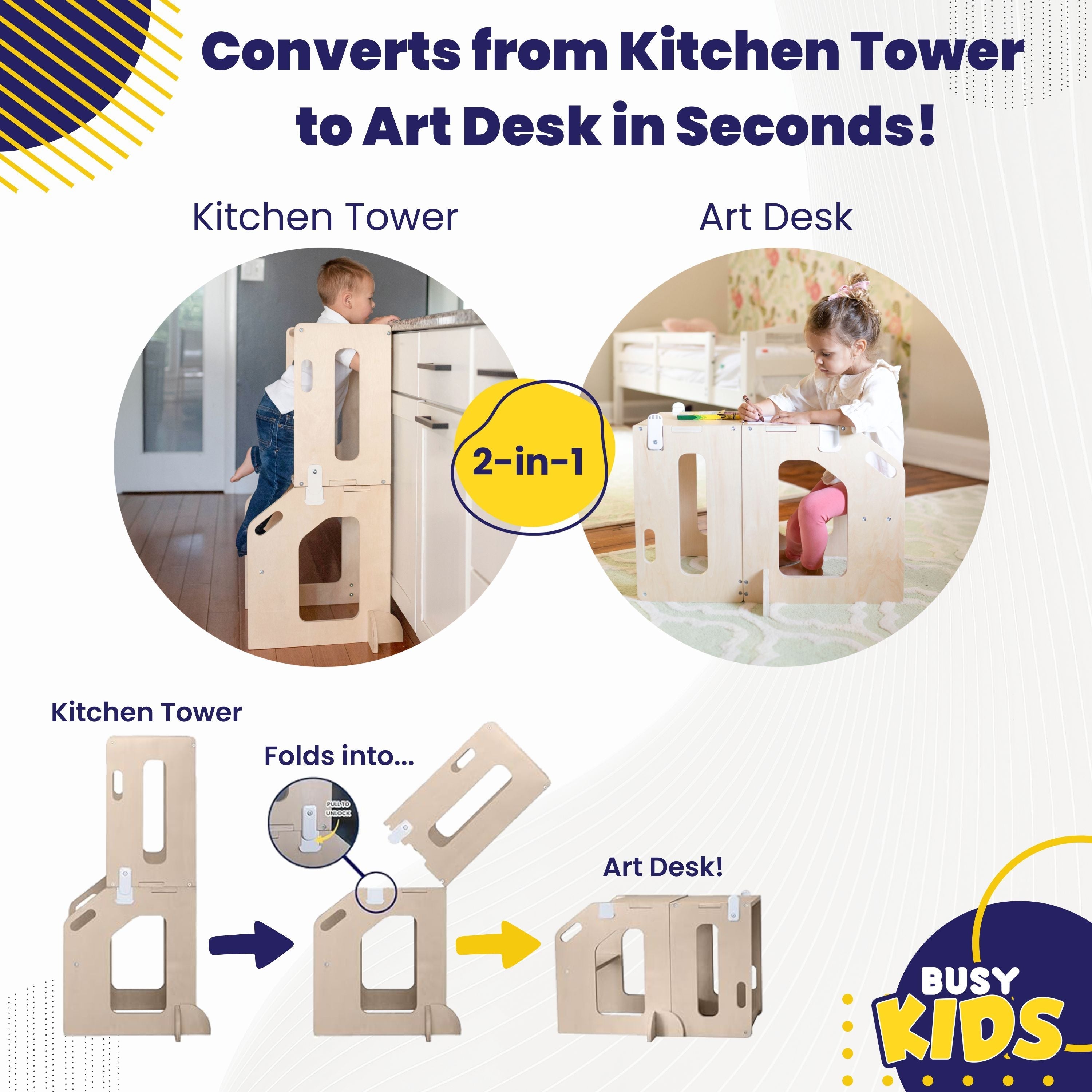 Busy Kids 2-In-1 Kitchen Tower and Kids Art Desk