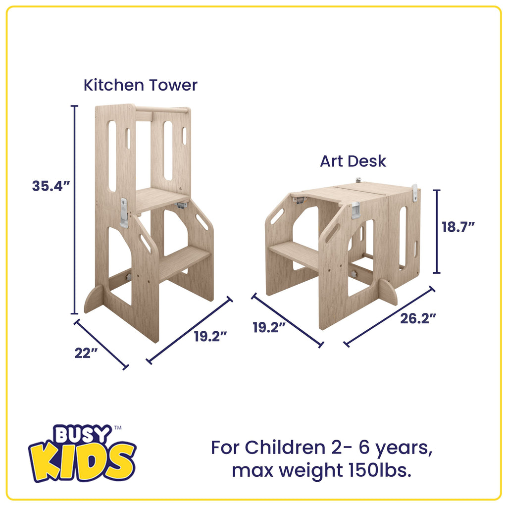 Busy Kids 2-In-1 Kitchen Tower and Kids Art Desk