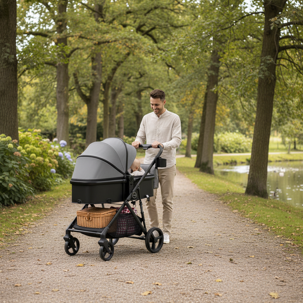 2 in 1 Baby Pushchair, Foldable Travel System Pram with Reversible Seat, Adjustable Canopy, Storage Basket for 0-36 Months