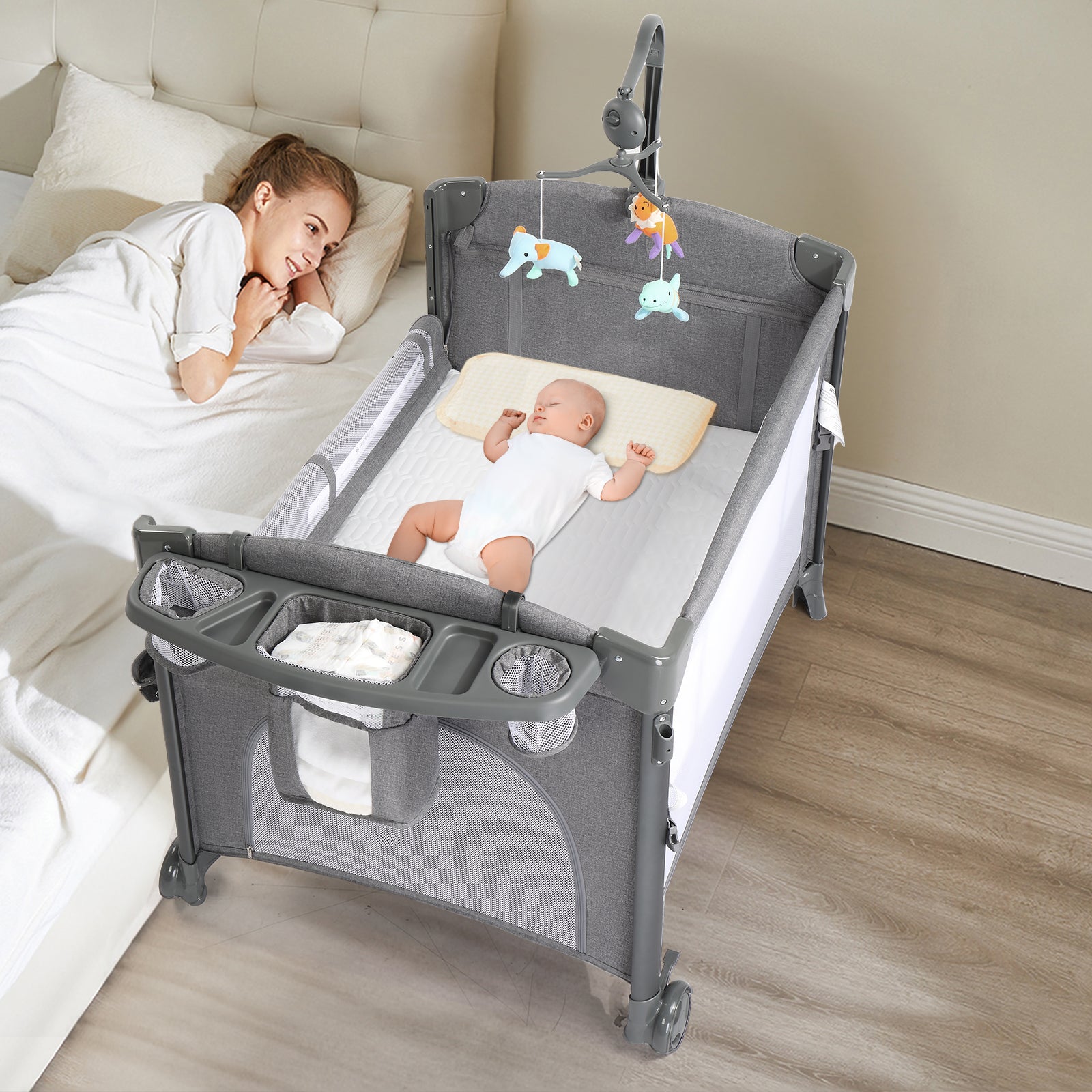 JOYMOR 3 in 1 Baby Bassinets Crib Bedside Sleeper with Mattress and Sheet