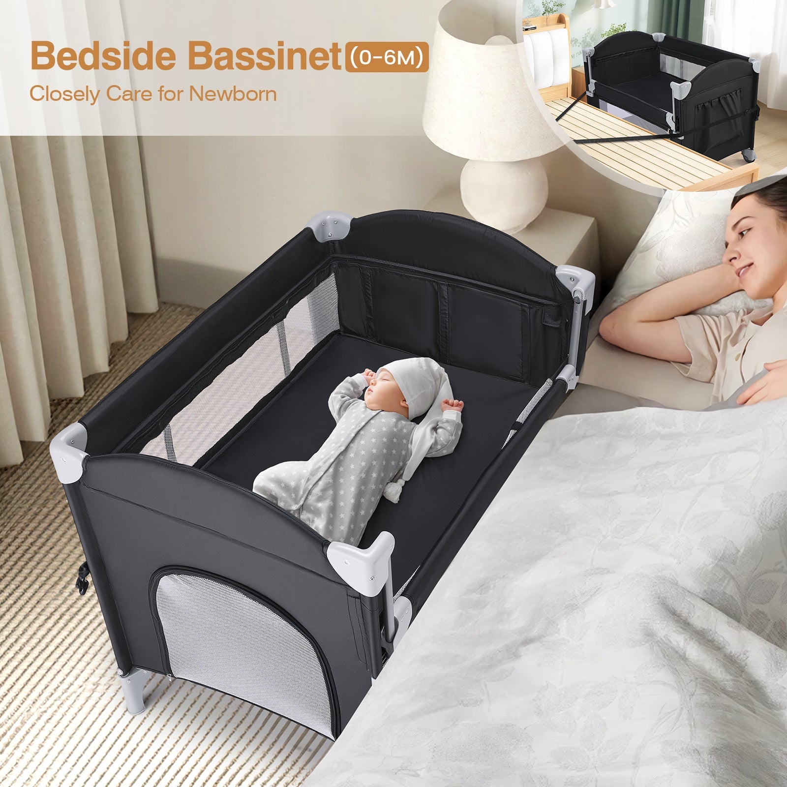 JOYMOR 4 in 1 Baby Bassinet Bedside Crib Sleeper with Soft Toys