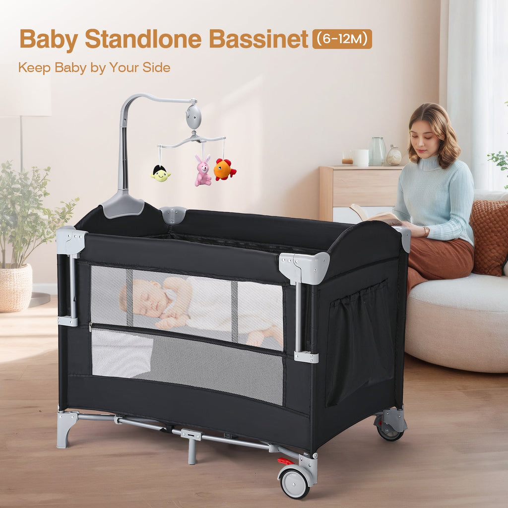 JOYMOR 4 in 1 Baby Bassinet Bedside Crib Sleeper with Soft Toys