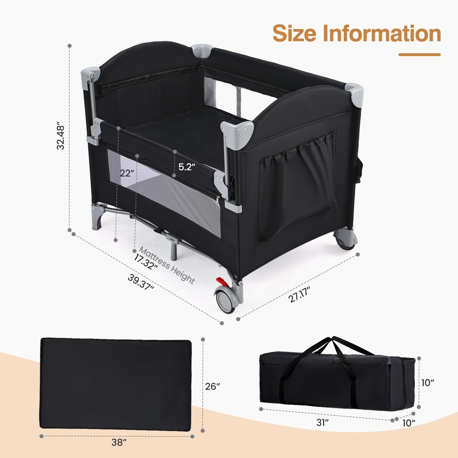 JOYMOR 4 in 1 Baby Bassinet Bedside Crib Sleeper with Soft Toys