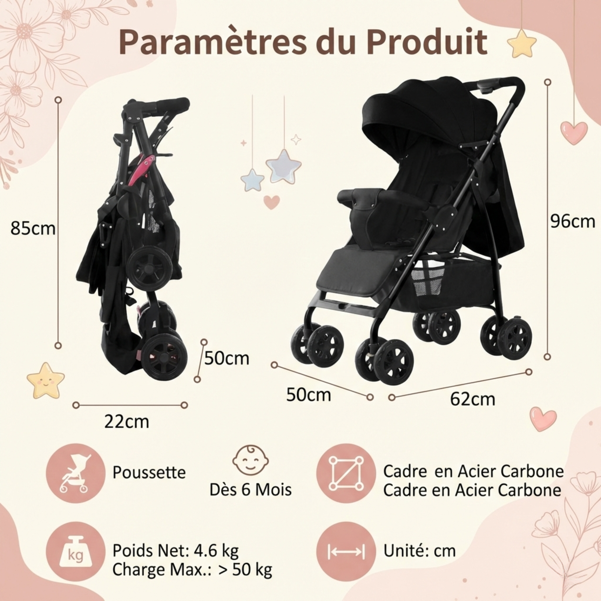 Poussette bébé légère & compacte - Dossier inclinable