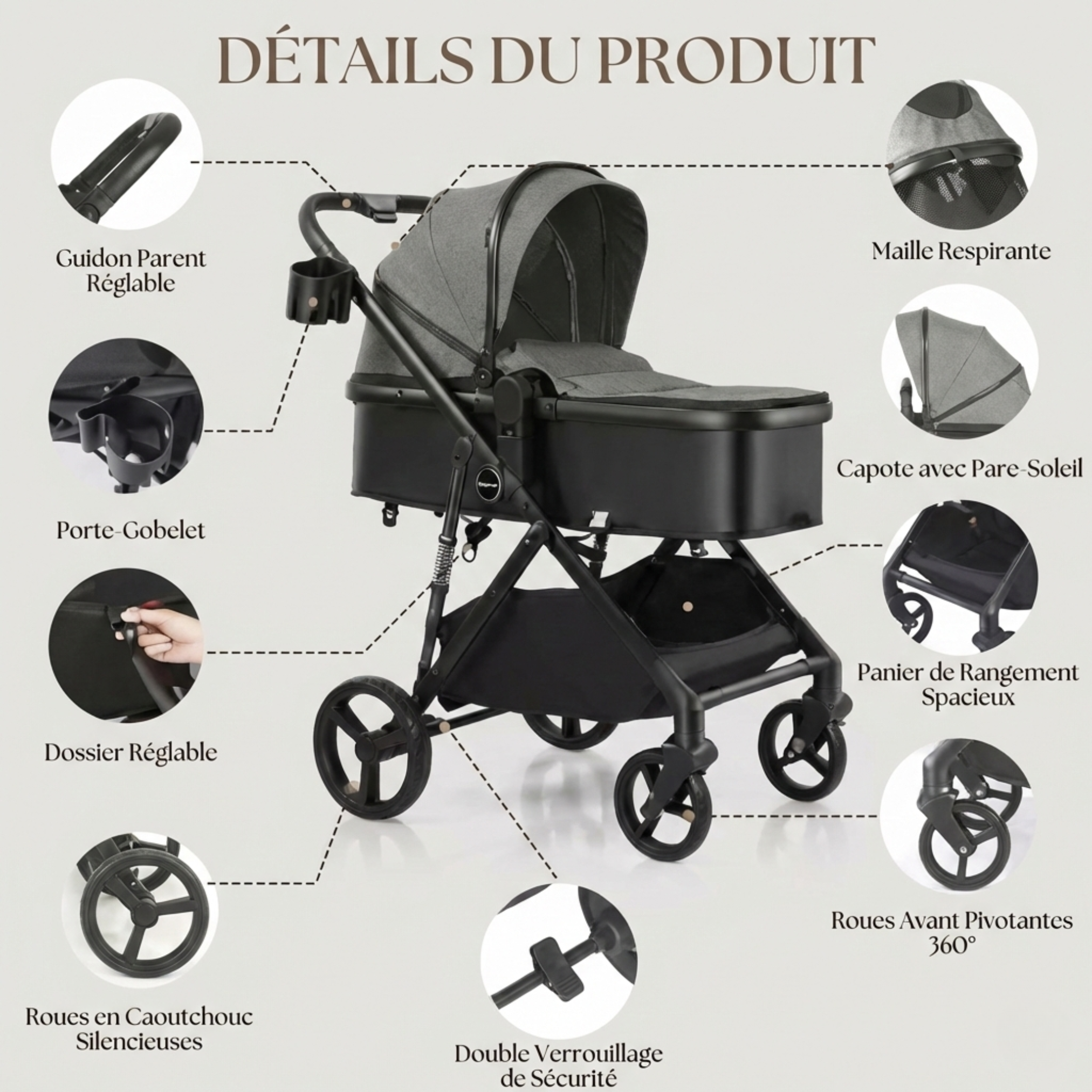Poussette 2-en-1 Réversible – de la naissance à 3 ans