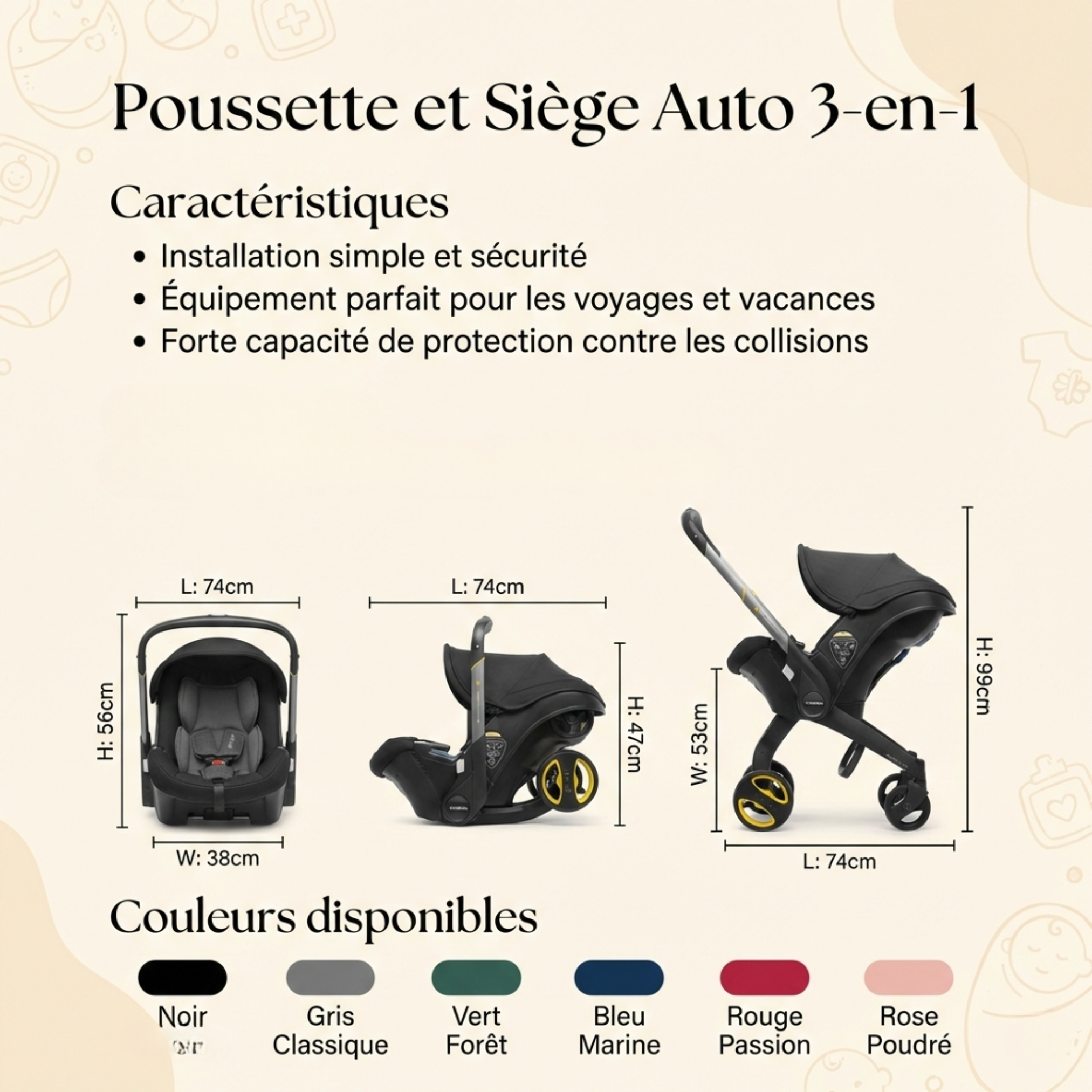 Ensemble Poussette bébé 3 en 1 : siège auto + poussette en un geste