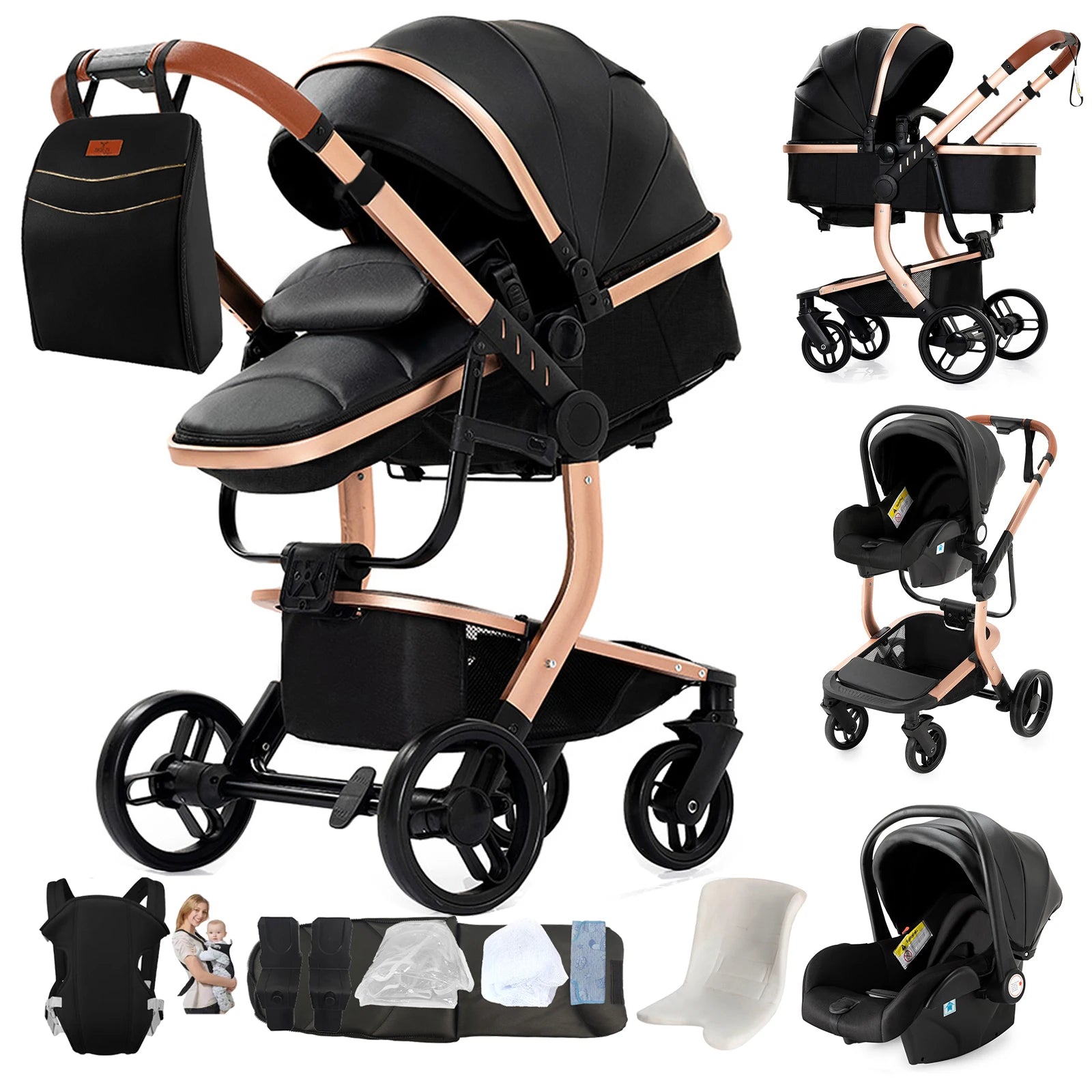 3-in-1 Baby Stroller & Car Seat Combo, High-Landscape Lightweight Pram, Easy Fold Compact Travel System for Newborn Infant and Toddler