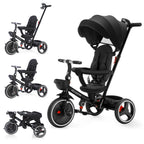 Foldable Children's Tricycle with Adjustable Parent Handle, Wheel Brakes & Removable Hood, Trike with Backrest & Seat