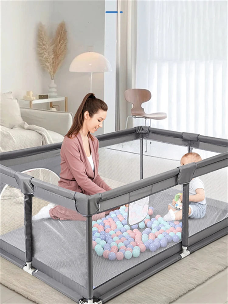 Cute Baby Playpen with Pull Ring Ball Box Game, Lightweight Foldable Play Yard, Safety Barrier Fence for Toddlers, Indoor Outdoor Kids Corner