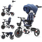 Foldable Children's Tricycle with Adjustable Parent Handle, Wheel Brakes & Removable Hood, Trike with Backrest & Seat
