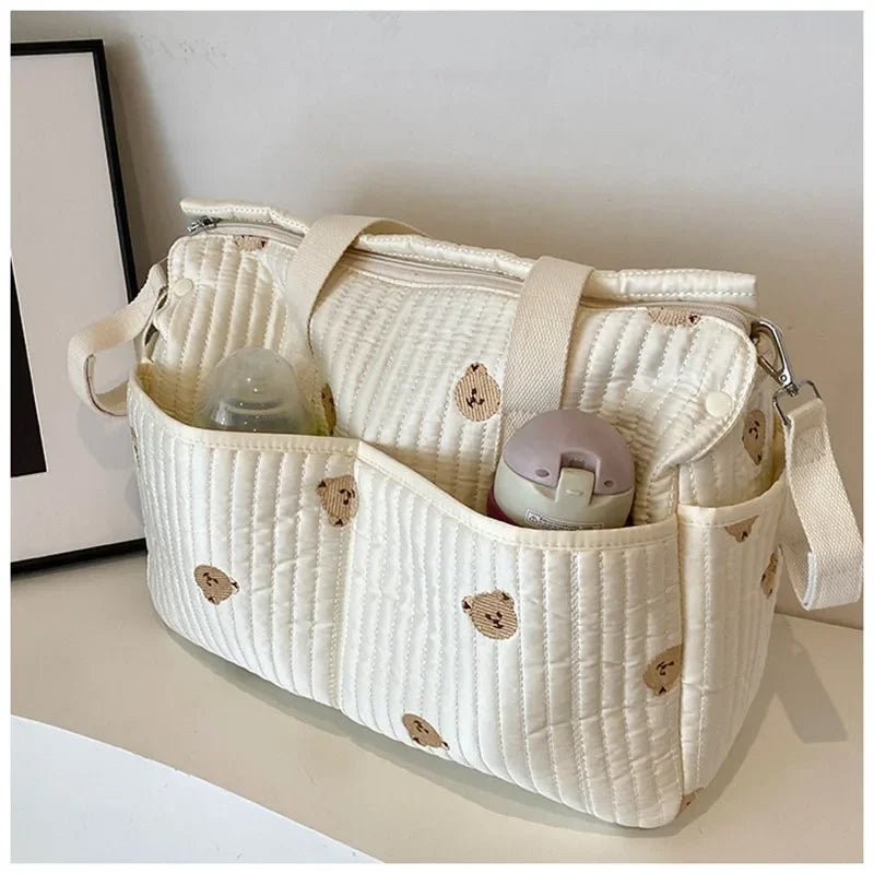 New High-capacity Mummy Bag Embroidered Bear Mother and Baby Handbag Baby Bottle Diaper Portable Baby Stroller Bag
