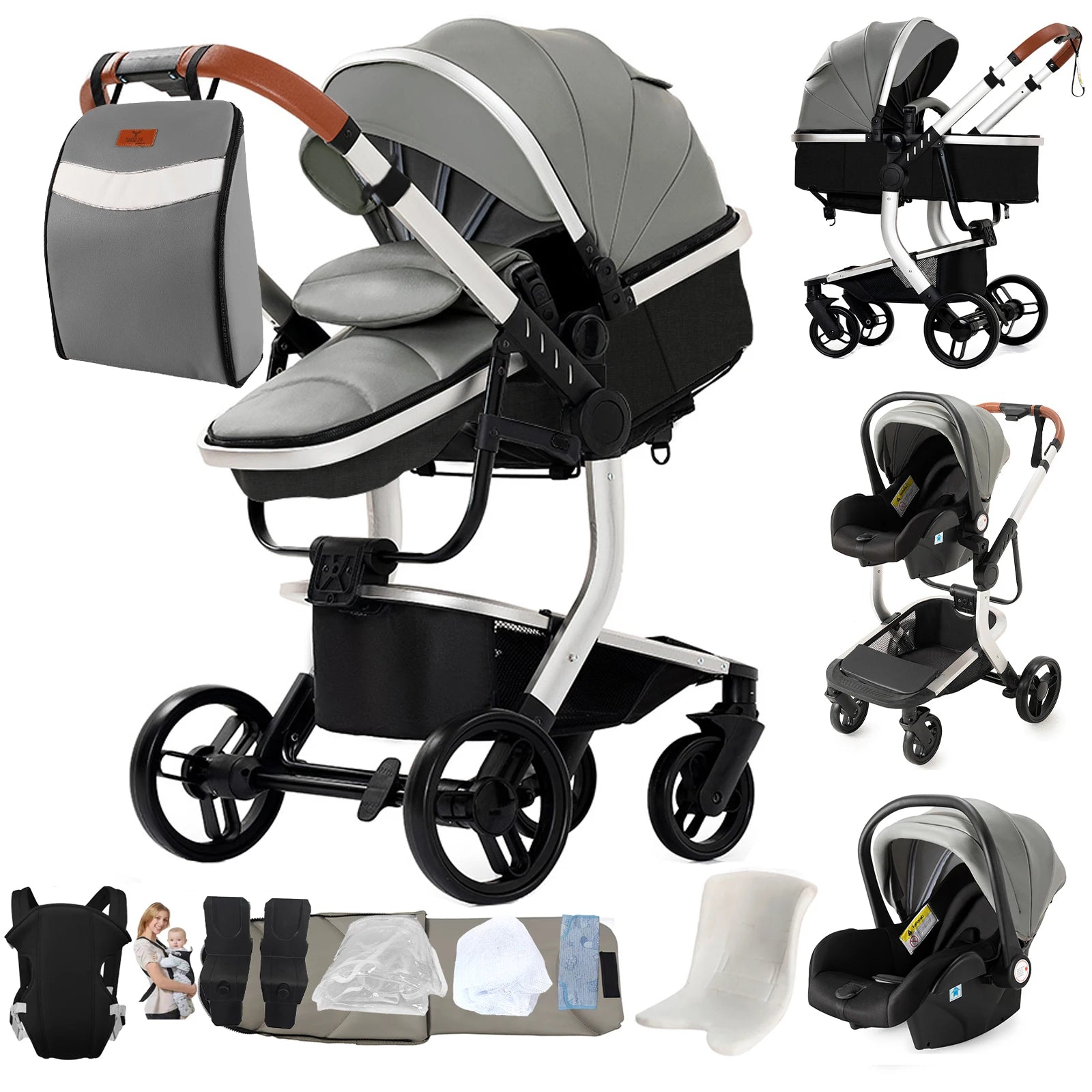 3-in-1 Baby Stroller & Car Seat Combo, High-Landscape Lightweight Pram, Easy Fold Compact Travel System for Newborn Infant and Toddler
