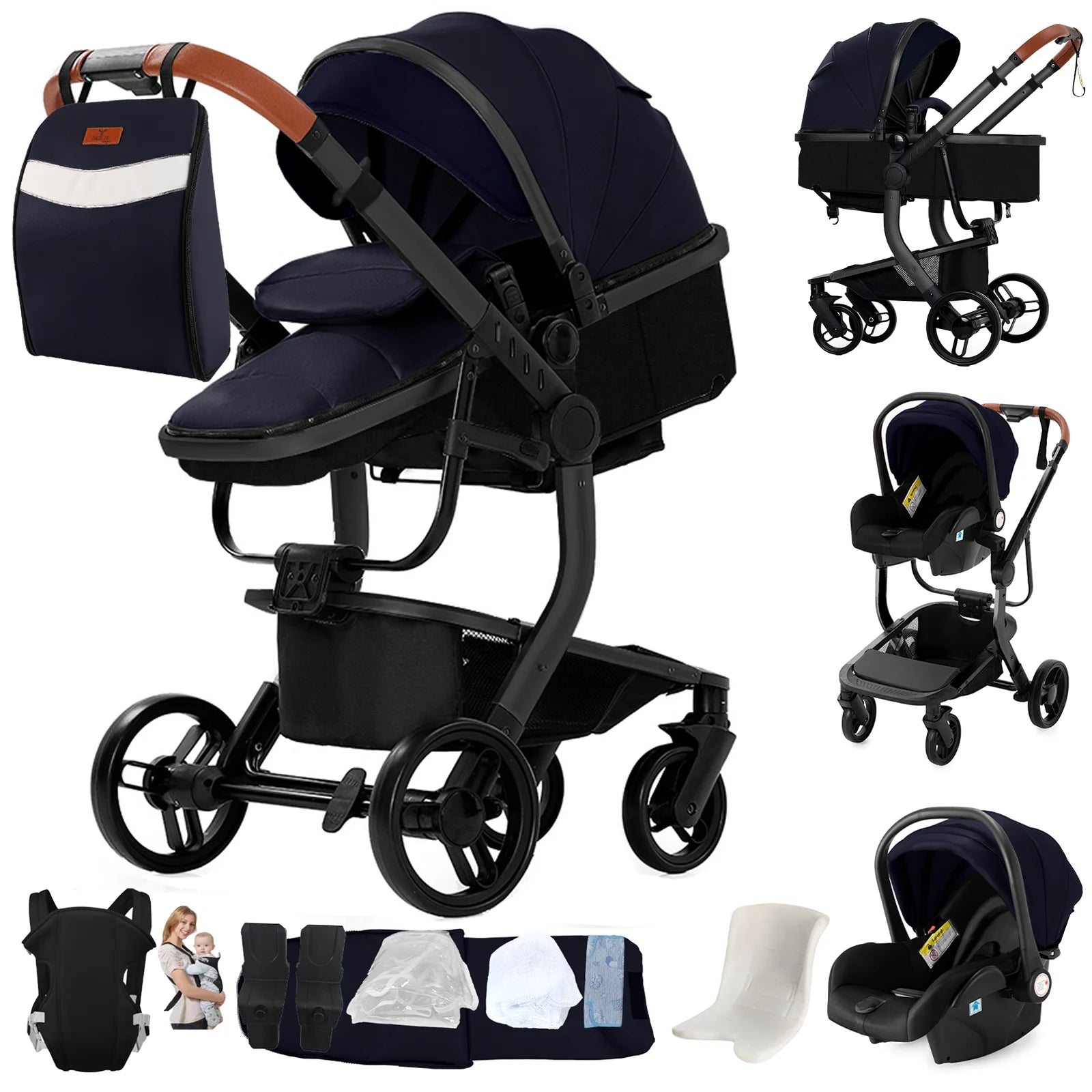 3-in-1 Baby Stroller & Car Seat Combo, High-Landscape Lightweight Pram, Easy Fold Compact Travel System for Newborn Infant and Toddler