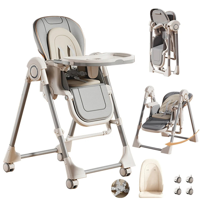 Portable Foldable Baby High Chair with Double-Layer Dinner Plate & Toy Rack, Easy to Clean Feeding Chair with Large Anti-Slip Pad, 6M+