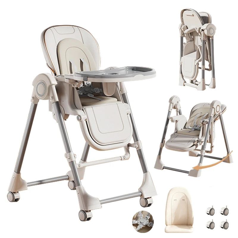 Portable Foldable Baby High Chair with Double-Layer Dinner Plate & Toy Rack, Easy to Clean Feeding Chair with Large Anti-Slip Pad, 6M+