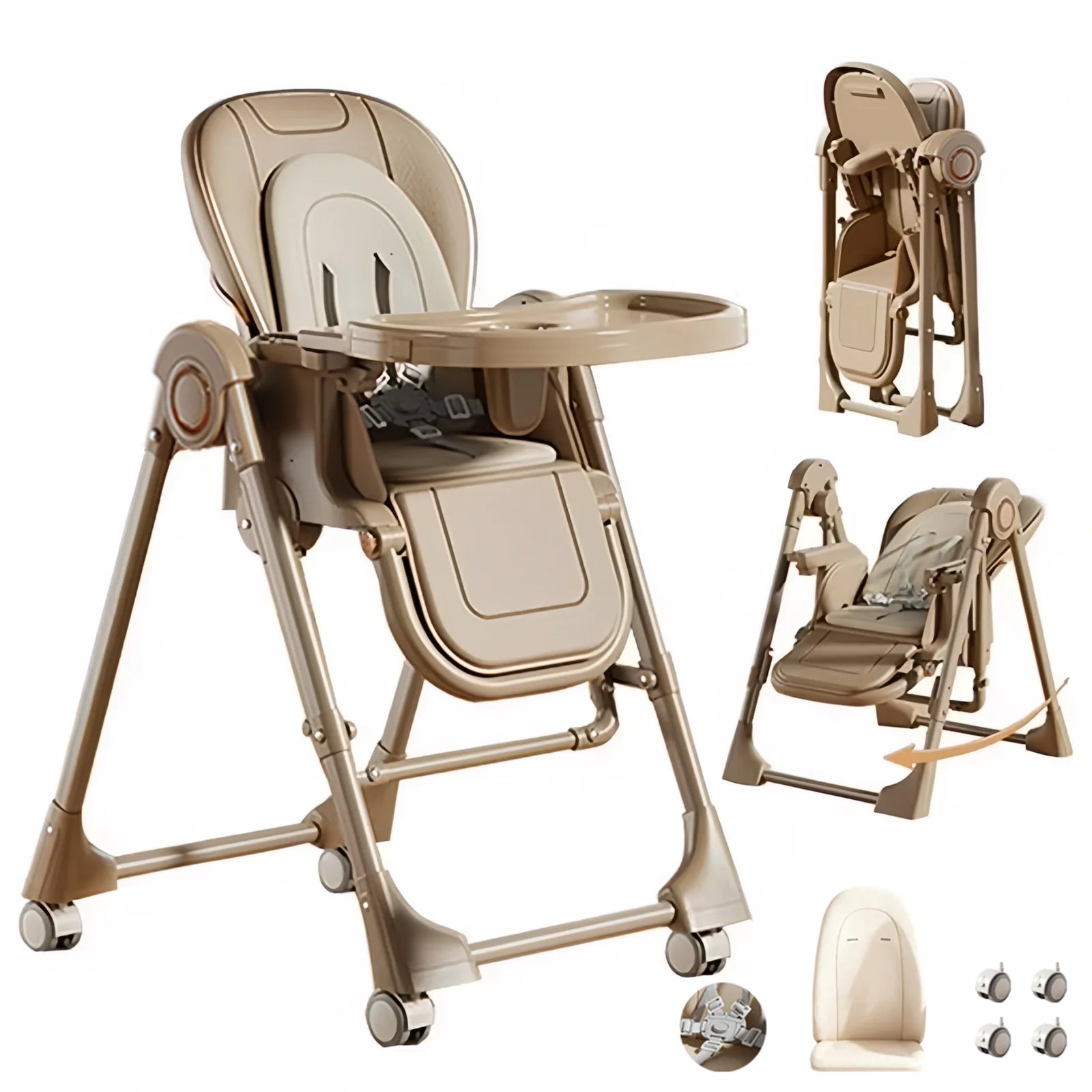 Portable Foldable Baby High Chair with Double-Layer Dinner Plate & Toy Rack, Easy to Clean Feeding Chair with Large Anti-Slip Pad, 6M+