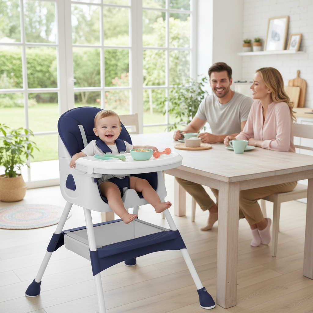 Foldable Baby High Chair (6+ Months): Large Anti-Slip Pad, Toy Rack & Easy-to-Clean Feeding Design – Model E500