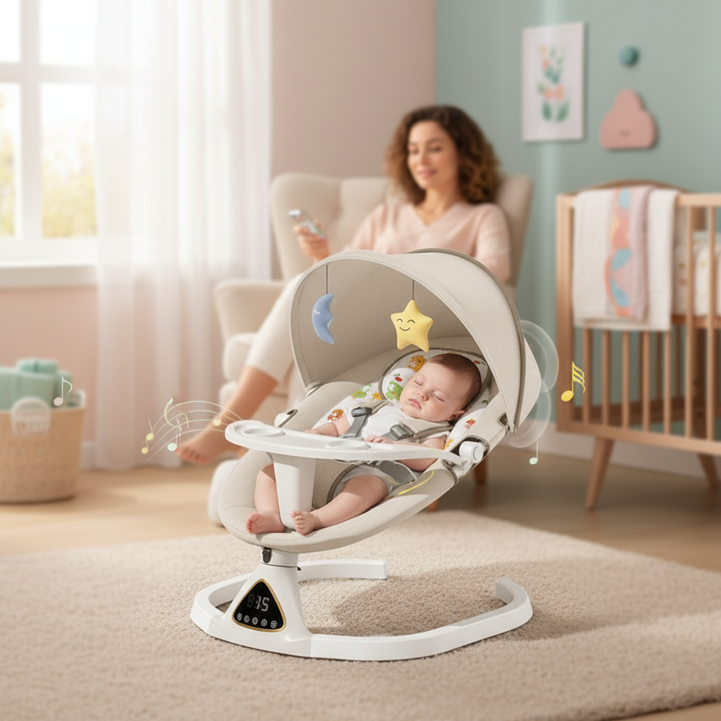 Lit de bébé à bascule électrique de luxe, balançoire inclinable, chaise pivotante automatique, ceinture de sécurité à cinq points avec télécommande