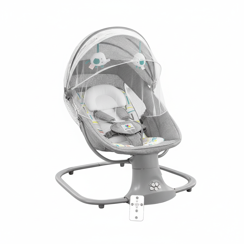 Balançoire de luxe pour bébé avec moustiquaire et ceinture de sécurité à 5 points, chaise à bascule électrique multifonctionnelle, dossier réglable et télécommande pour nouveau-né et tout-petit