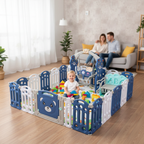 Extra 64cm High Baby Playpen 12+2 Panels, Ink-Blue Foldable Play Yard with Locking Door, Quick Setup & Storage, One-Second Open/Close, Anti-Slip & Chew-Proof Material