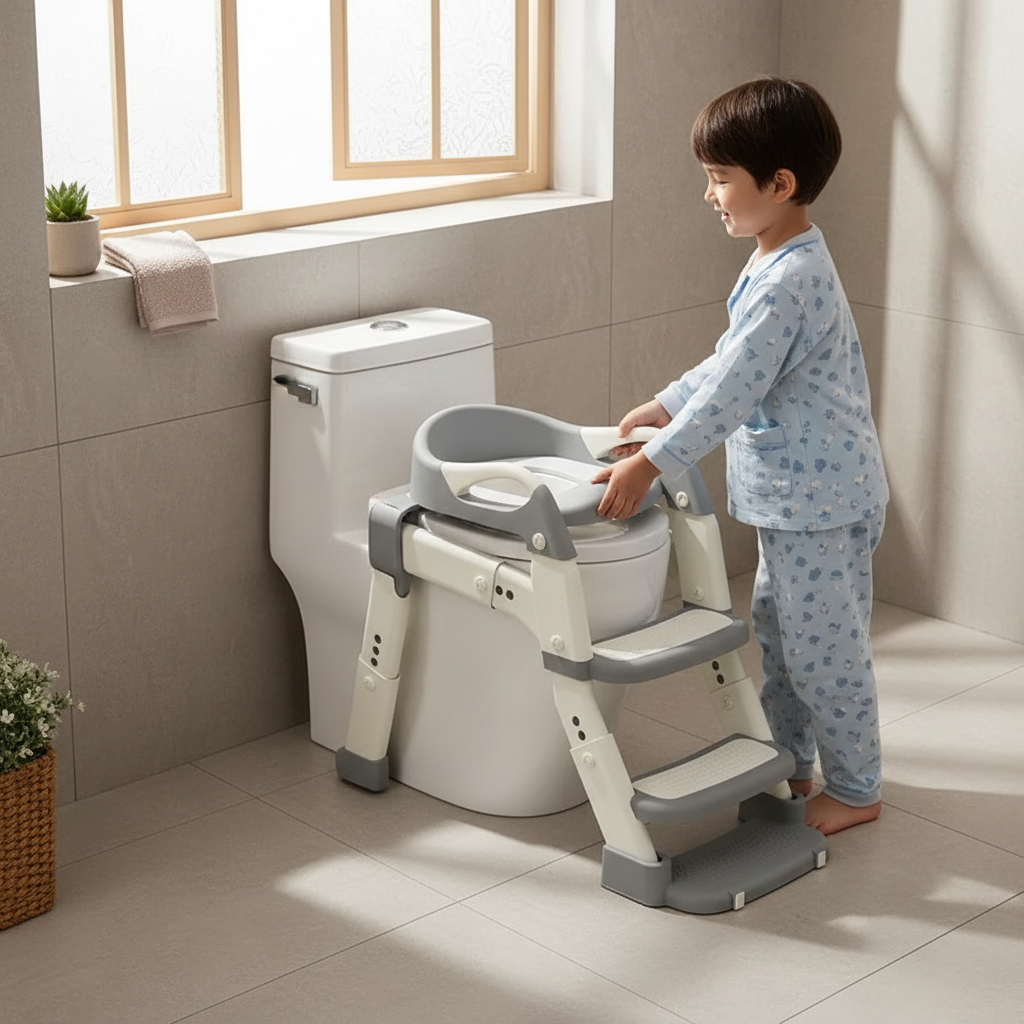 2 in 1 Toddler Toilet Ladder Seat, Potty Training Seat with Steps, for Boys Girls, Children Toilet Training in Bathroom(Grey)