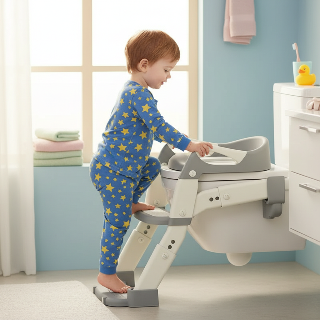 2 in 1 Toddler Toilet Ladder Seat, Potty Training Seat with Steps, for Boys Girls, Children Toilet Training in Bathroom(Grey)