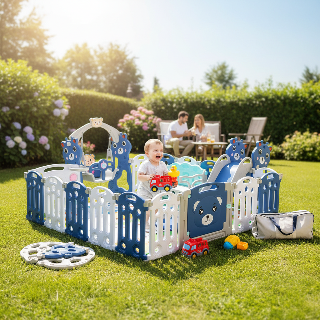 Extra 64cm High Baby Playpen 12+2 Panels, Ink-Blue Foldable Play Yard with Locking Door, Quick Setup & Storage, One-Second Open/Close, Anti-Slip & Chew-Proof Material