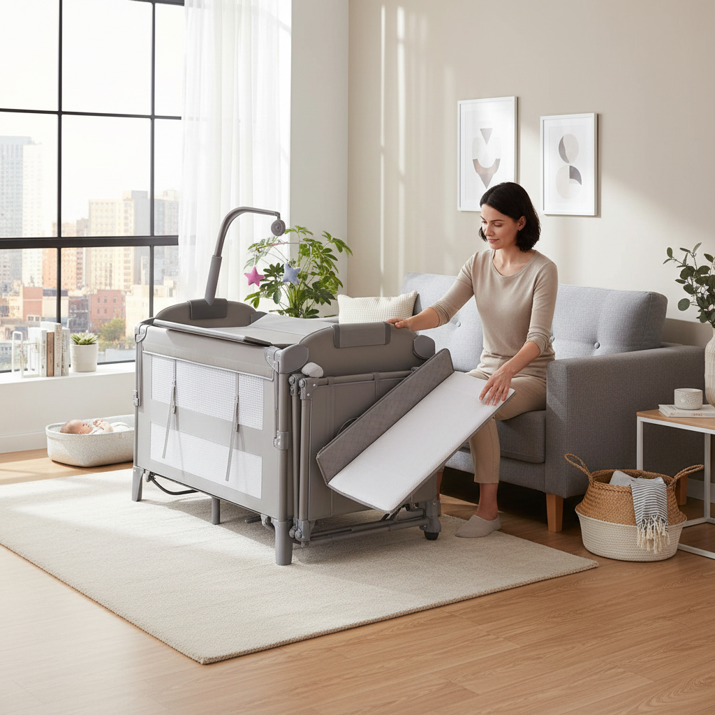 4-in-1 Multifunctional Baby Crib with Rocker & Changing Table, Electric Rocking Bed, Foldable Playpen for Newborn 0-3 Years, Free Assembly