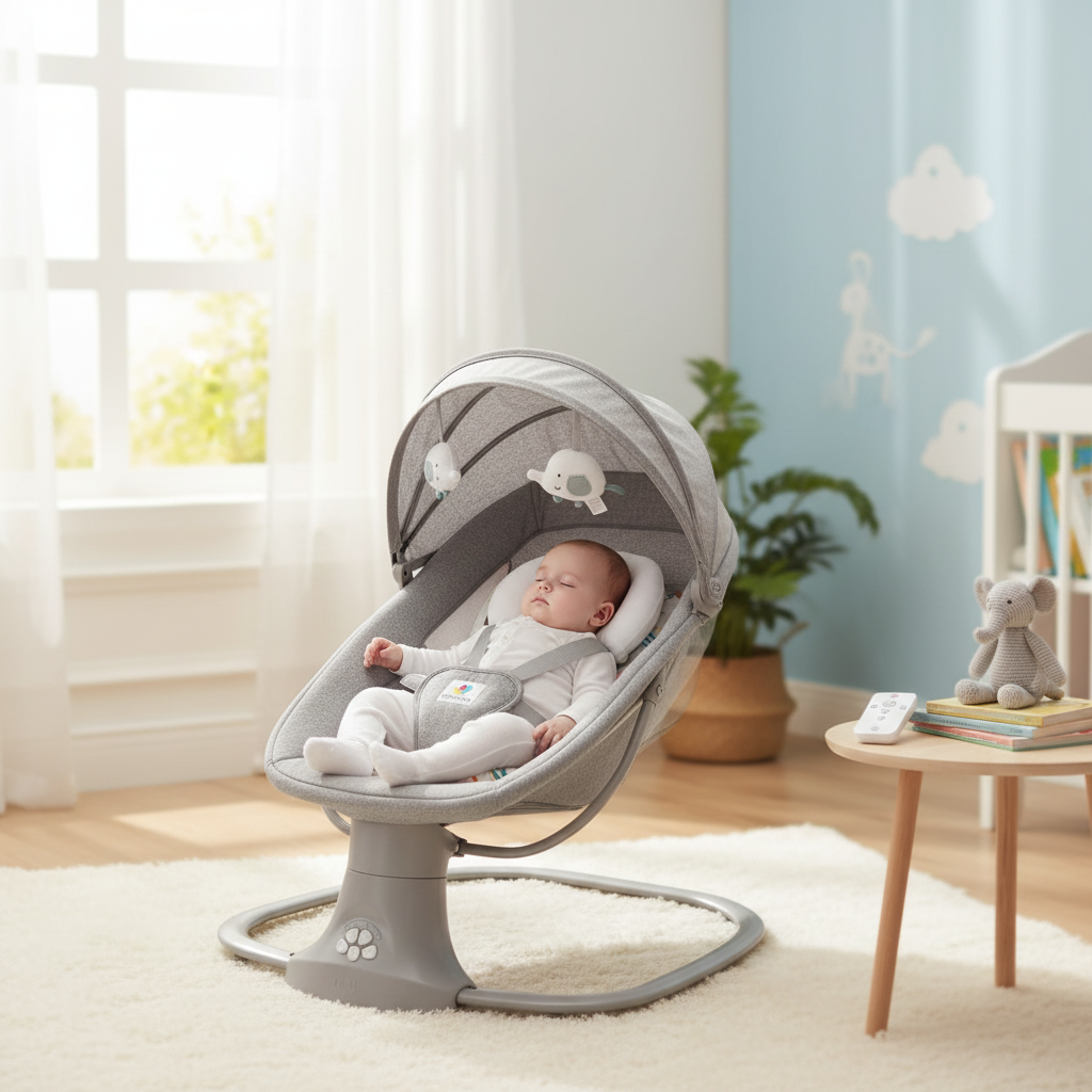 Balançoire de luxe pour bébé avec moustiquaire et ceinture de sécurité à 5 points, chaise à bascule électrique multifonctionnelle, dossier réglable et télécommande pour nouveau-né et tout-petit