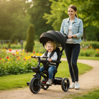 Foldable Children's Tricycle with Adjustable Parent Handle, Wheel Brakes & Removable Hood, Trike with Backrest & Seat