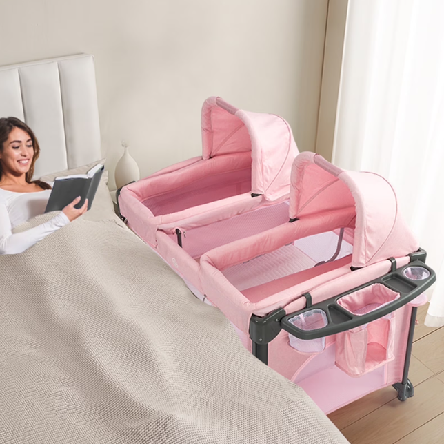 JOYMOR Twin Bassinet for Baby, Double Bassinet for Twins, Pink Bassinet