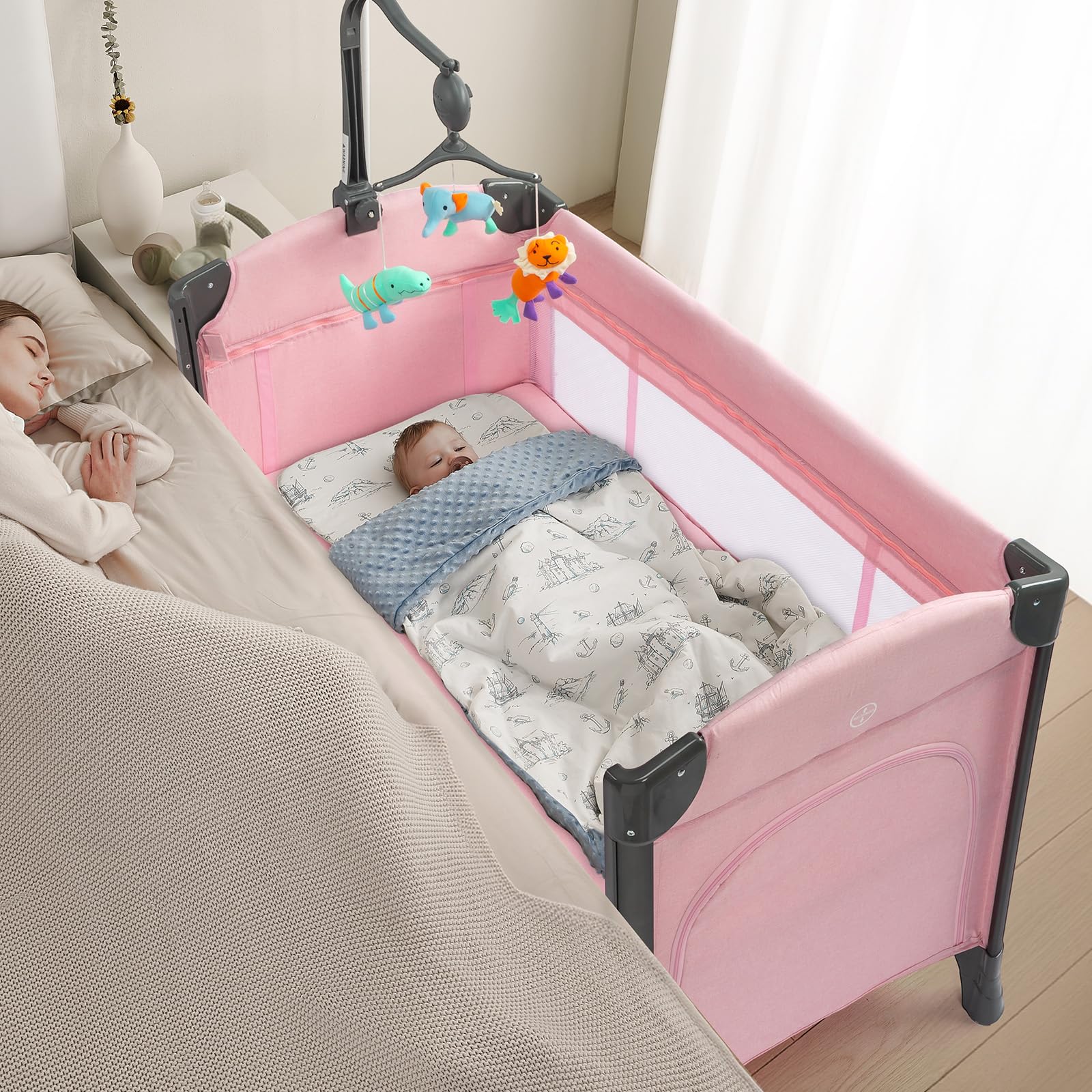 JOYMOR 3 in 1 Baby Bassinets Crib Bedside Sleeper with Mattress and Sheet