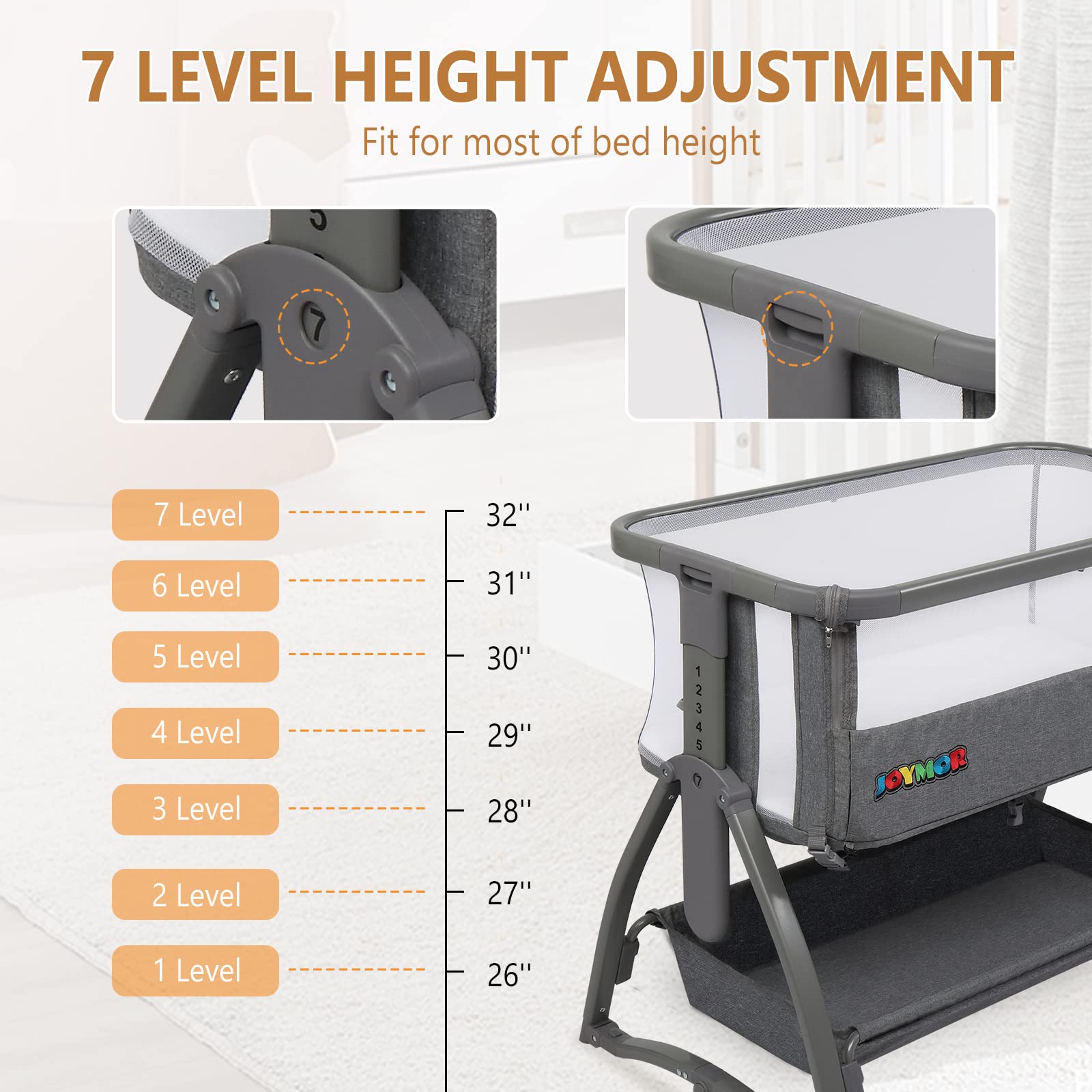 JOYMOR 4 in 1 Baby Bassinet Crib Bedside Sleeper with Mattress