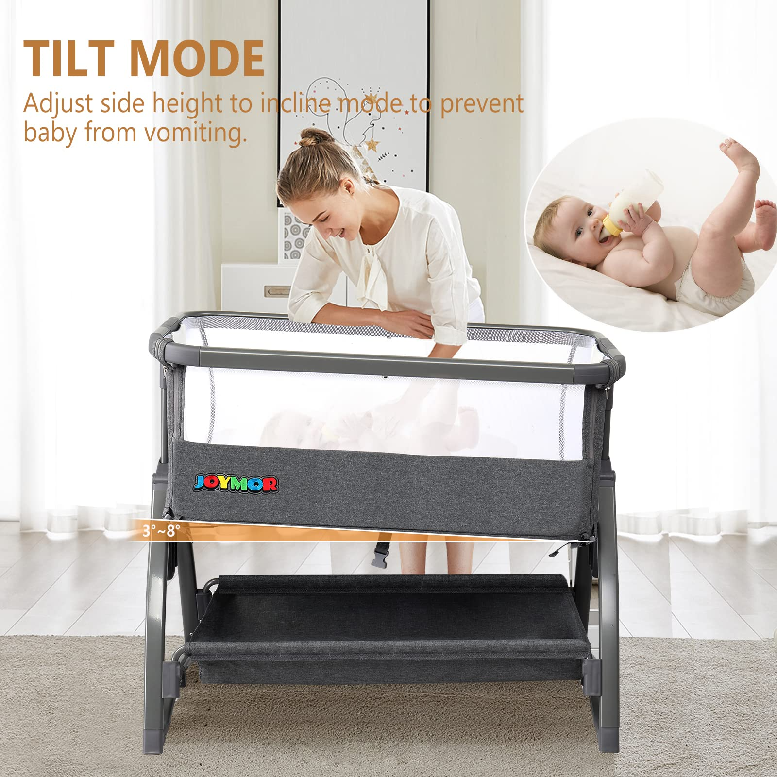 JOYMOR 4 in 1 Baby Bassinet Crib Bedside Sleeper with Mattress