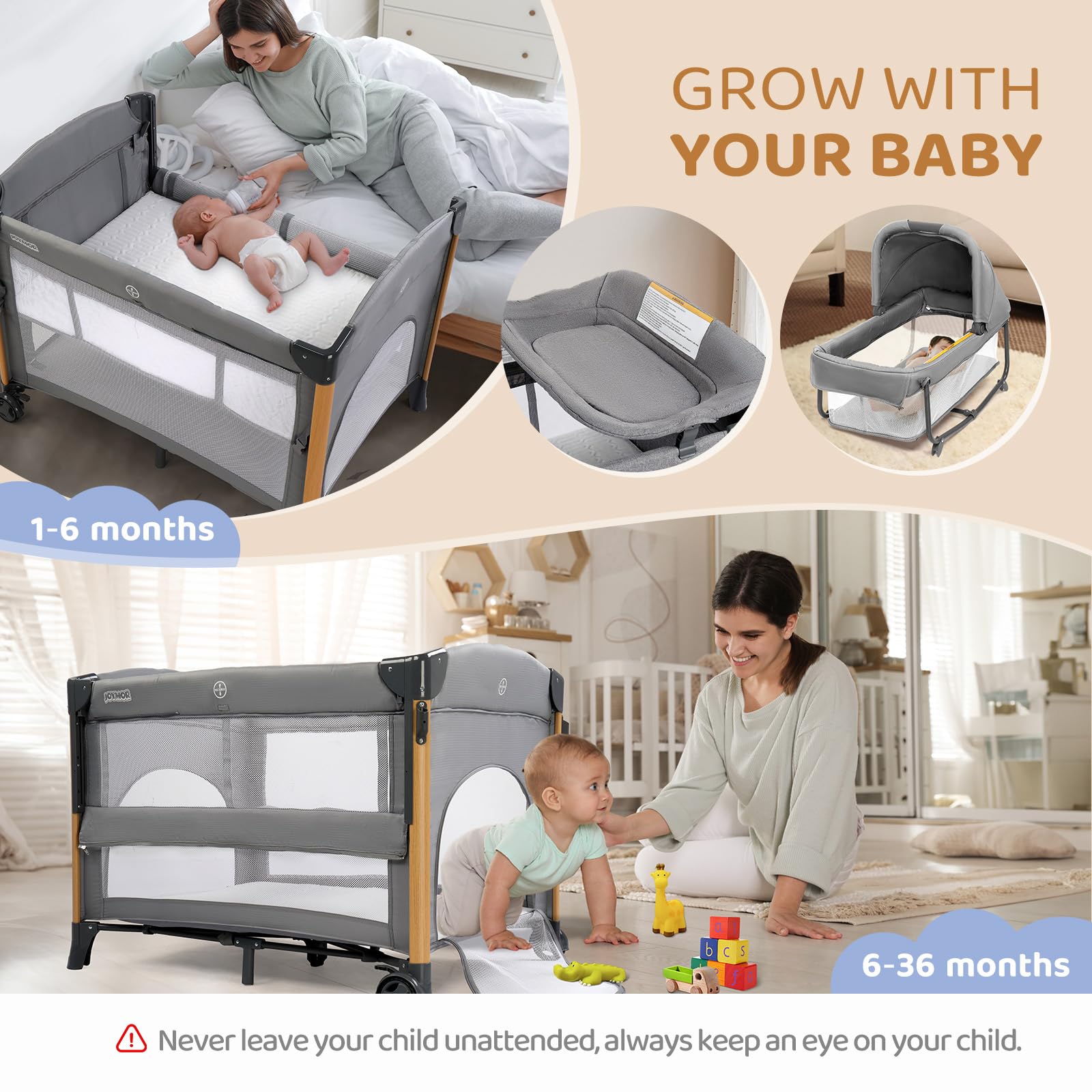 JOYMOR 7 in 1 Bassinet Bedside Crib All in One Nursery Center Baby Sleeper with Changing Table